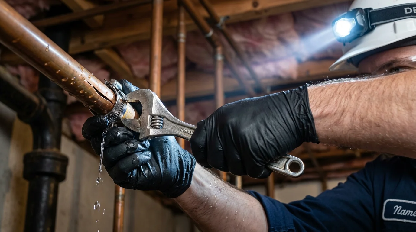 Emergency pipe clamp repair being performed by a Johns Plumbing LLC plumber in Montgomery