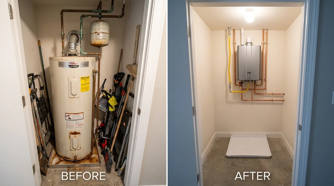 Tank water heater versus wall-mounted tankless unit comparison for Montgomery, IL homeowners