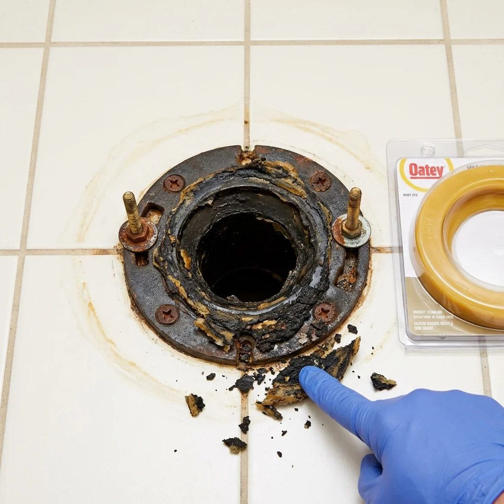 Failed wax ring showing water seepage at the base of a toilet in a Montgomery, IL home