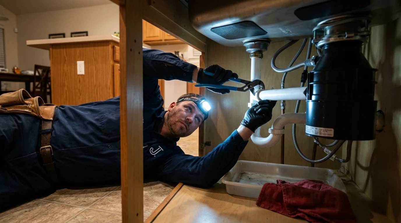 P-trap and supply line connections under a kitchen sink showing a common leak point in Montgomery, IL